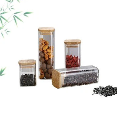 Toples Penyimpanan Bulat dengan Tutup Bambu Cincin Logam dan Pola Garis