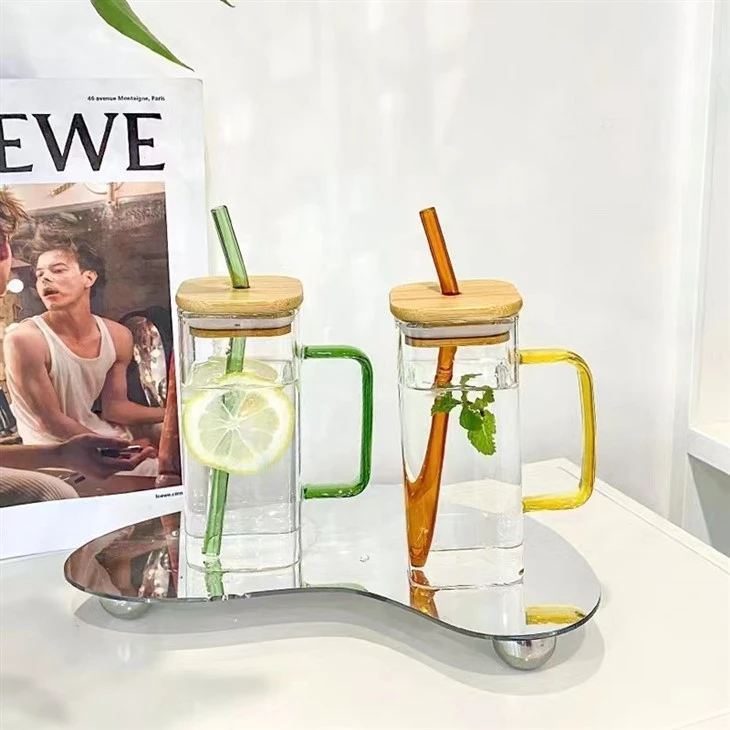 Square Glass Cup With Coloured Handle
