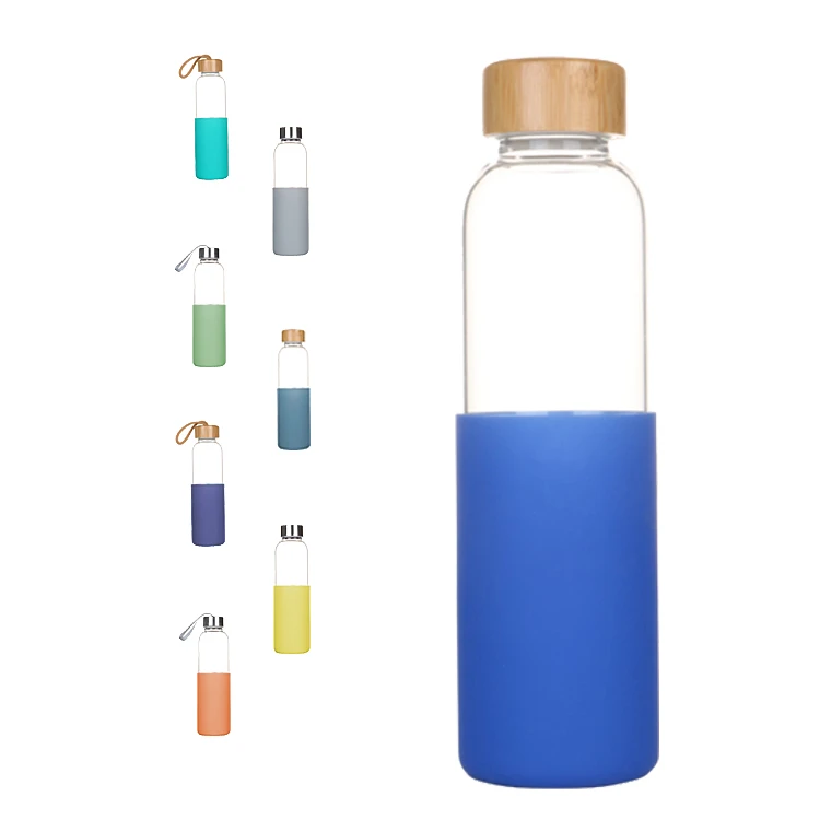 Botol Air Kaca Lengan Silikon Kustom Tutup Bambu Portabel 500ML