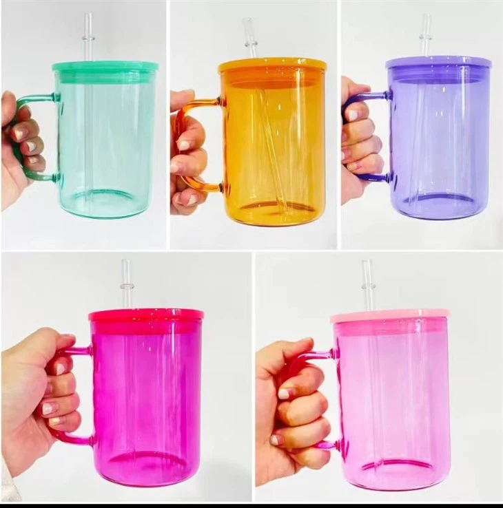High Borosilicate Colored Glass Cup With Handle And PP Lid And Straw
